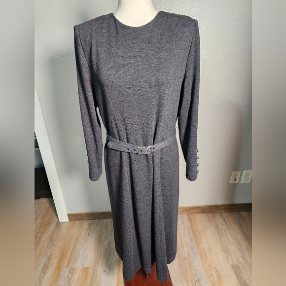 Henry Lee Elegant Gray Women's Long Sleeve Midi Dress 12P with belt - Picture 3 of 9